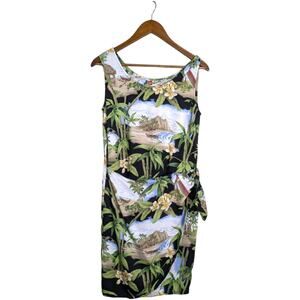 Hilo Hattie Faux Wrap Hawaiian Dress Small Floral Tiki Hibiscus Beach Print Slee